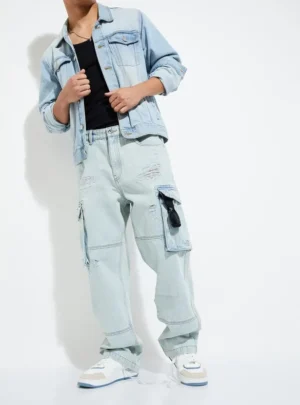 Skyline Cargo – Light Blue Distressed Denim Pants