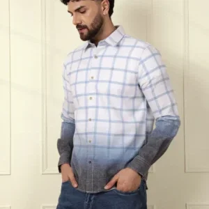 Men's Navy-to-Grey Ombre Check Shirt - Premium Cotton Blend Casual Wear
